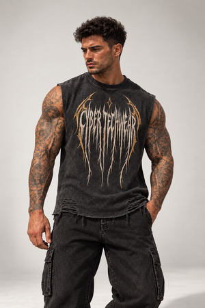 Snow Washed Y2K Muscle Shirt on a model, front view, spiked CYBER TECHWEAR lettering and torn hem
