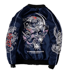 Navy blue jacket with dragon design and Japanese text on a white background