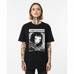 Person wearing a black t-shirt with a graphic design and text 'CYBER TECHWEAR' on a white background