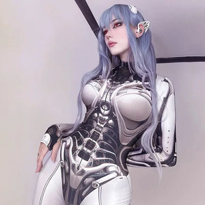 Person wearing a futuristic robot-themed outfit with white and gray colors.
