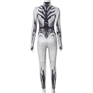 White and black futuristic suit on a mannequin against a white background