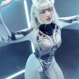 Person in futuristic, white and black costume with neon lights in the background