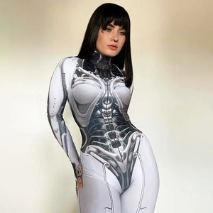 Person wearing a futuristic bodysuit with mechanical design on a plain background