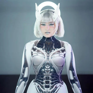 Person wearing a futuristic, cybernetic-themed outfit with a gray background