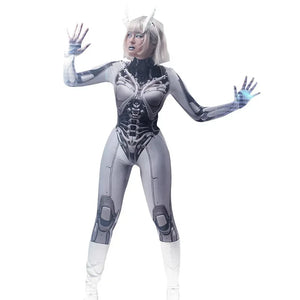 Person wearing a futuristic, gray and white bodysuit with glowing elements on a white background
