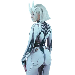 Person wearing a futuristic, white and black bodysuit with a helmet against a gray background