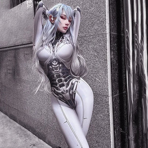 Person in a futuristic bodysuit leaning against a wall.