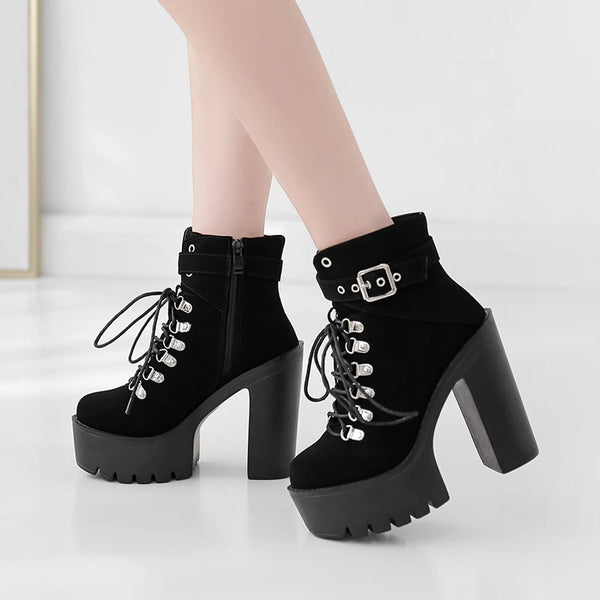 Black Block Heel Lace Up Boots