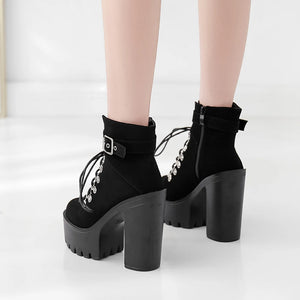 Black Block Heel Lace Up Boots