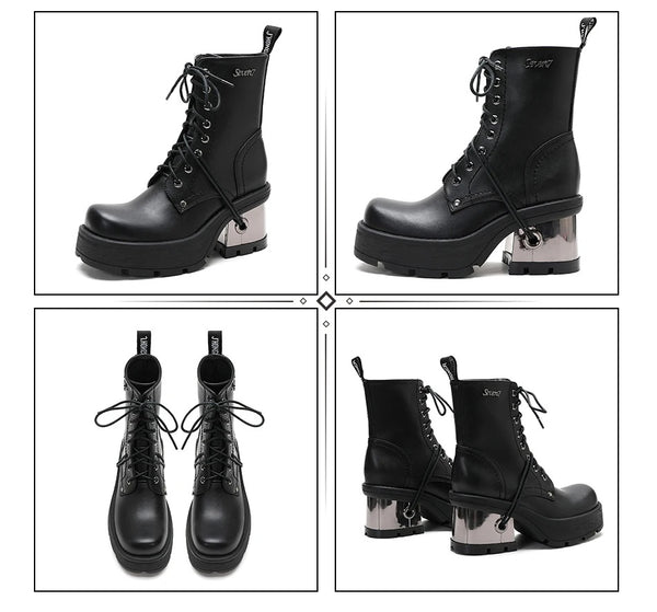 Black Leather Lace Up Boots For Womens