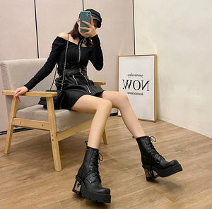 Black Leather Lace Up Boots For Womens