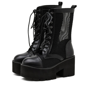 Black Wedge Lace Up Ankle Boots