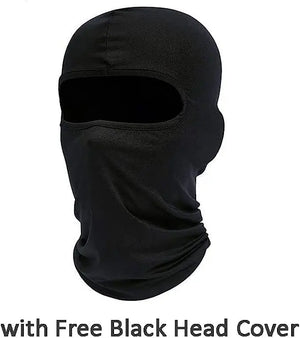 Black balaclava on a white background with text 'with Free Black Head Cover'.