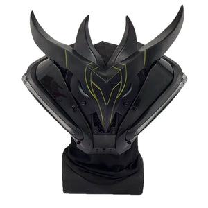 Black futuristic helmet with yellow accents on a white background