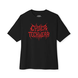 Black t-shirt with red 'CYBER TECHWEAR' text on a white background