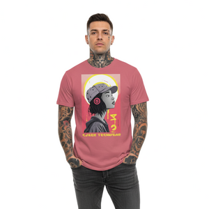 Man wearing a pink t-shirt with a graphic design on a white background