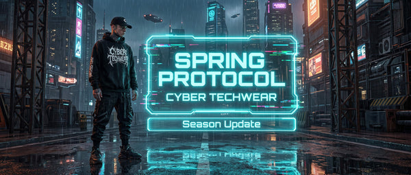 Cyber Techwear futuristic streetwear spring collection banner with male model in cyberpunk city wearing black techwear outfit with neon holographic display