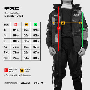Person wearing a black jacket and pants with measurement chart on a gray background