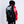 Person wearing a black and red jacket with branding on a white background