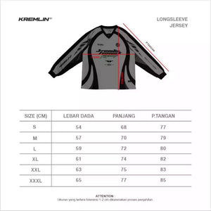 Longsleeve jersey with size chart on a white background