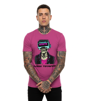 Man wearing a pink t-shirt with a graphic design on a white background