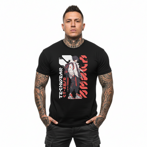 Man wearing a black t-shirt with a graphic design on a white background