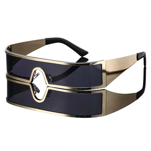 Sunglasses with gold frame and black lenses on a white background