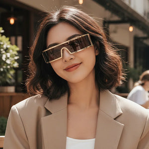Woman wearing a beige blazer and sunglasses outdoors