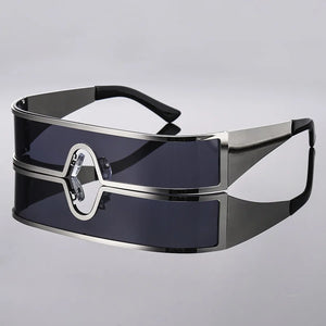 Black and silver visor-style sunglasses on a gray background