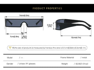 Product properties of a pair of sunglasses with dimensions and material details.