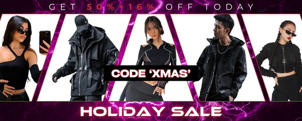 Cyberpunk streetwear holiday sale banner featuring five models wearing black techwear outfits with a glowing neon background, showing -50% + -16% offer and promo code XMAS.