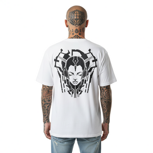 Person wearing a white t-shirt with a black graphic design on the back, standing against a plain background.