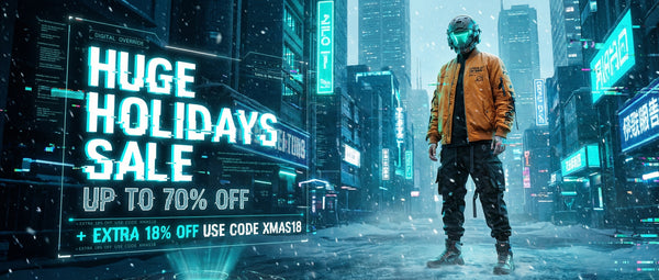 Futuristic cyberpunk web banner set in a snowy city. A model on the right wears an orange bomber jacket, black cargo pants, and a high-tech helmet. On the left, neon blue holographic text reads: 