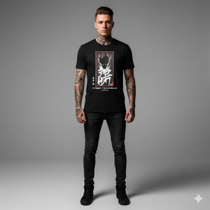 Man wearing a black t-shirt with graphic design on a gray background