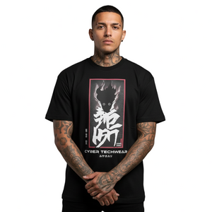 Man wearing a black t-shirt with graphic design and text on a gray background