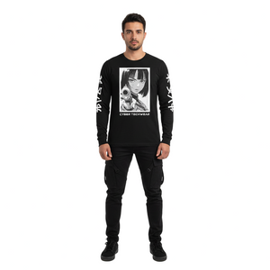 Man wearing a black long-sleeve shirt with graphic design on a white background