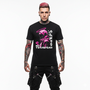 Man wearing a black t-shirt with a graphic design on a white background