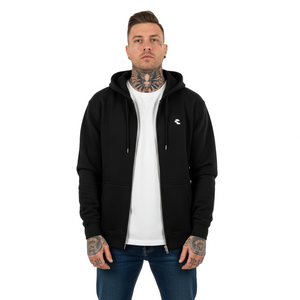 Man wearing a black hoodie with the Cyber Techwear logo on a white background