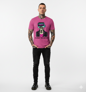 Person wearing a pink t-shirt with a graphic design on a white background