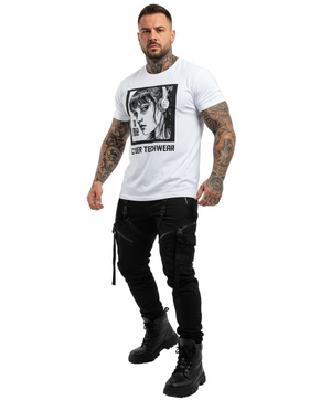 Man wearing a white t-shirt with graphic design and black pants on a white background