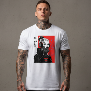 Man wearing a white t-shirt with a graphic design on a gray background