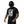 Person wearing a black t-shirt with a graphic design and a helmet on a gray background