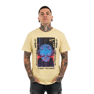 Man wearing a beige t-shirt with a graphic design on a white background