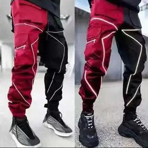 Black and red pants with white accents worn by a person, shown from two angles.