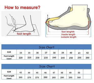 Instructions on how to measure foot length and a size chart for shoes.