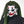Person wearing a white mask with red and black accents, green dreadlocks, and a black outfit on a white background