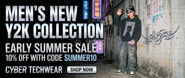 Man in Y2K style clothing standing against a wall with promotional text for a men's new Y2K collection sale.