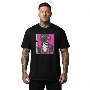 Man wearing a black t-shirt with a graphic design on a gray background