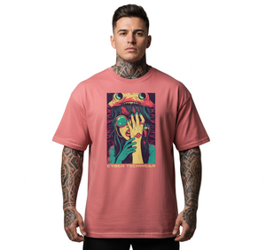 Man wearing a pink t-shirt with a colorful graphic design on a gray background