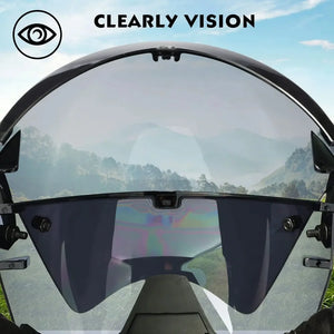 Motorcycle helmet visor with scenic background and 'Clearly Vision' branding.